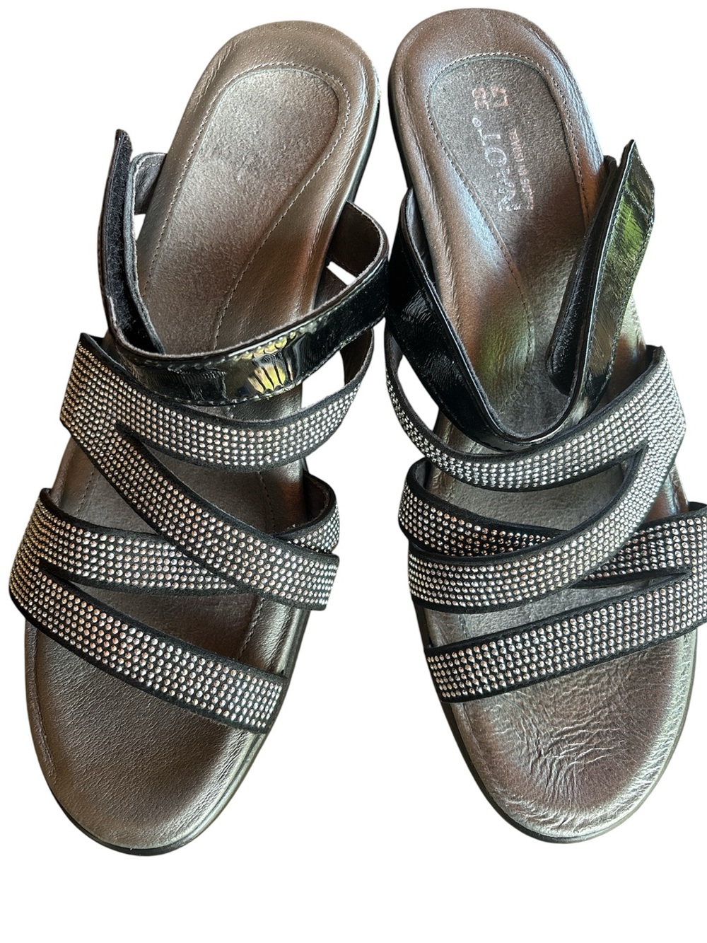 Naot Black Rhinestone Strappy Slide Sandals with Metallic Footbed